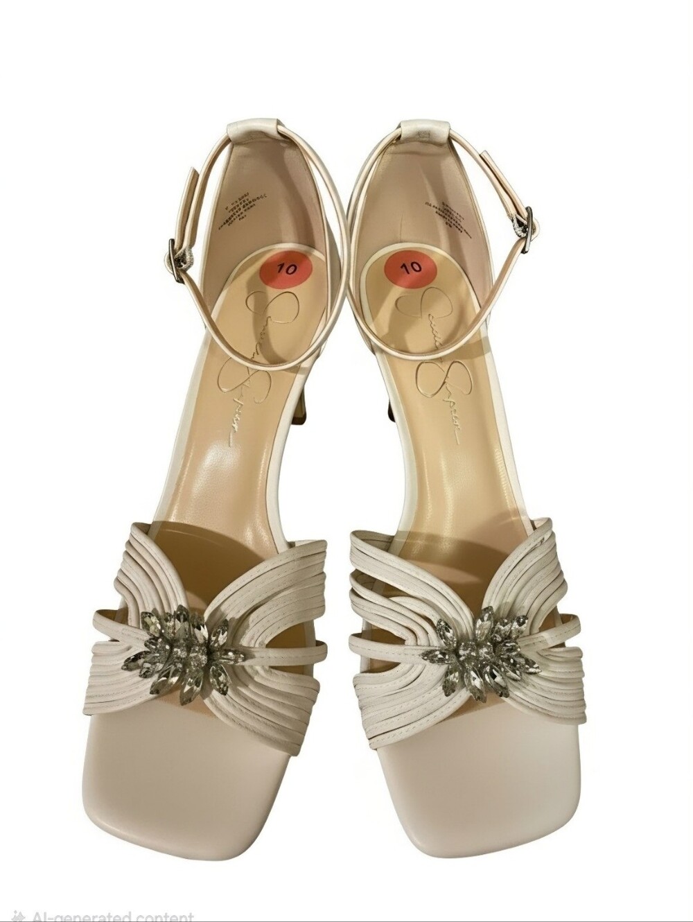 Jessica Simpson Leather Ankle-Strap Heeled Sandals with Crystal Accent - White
